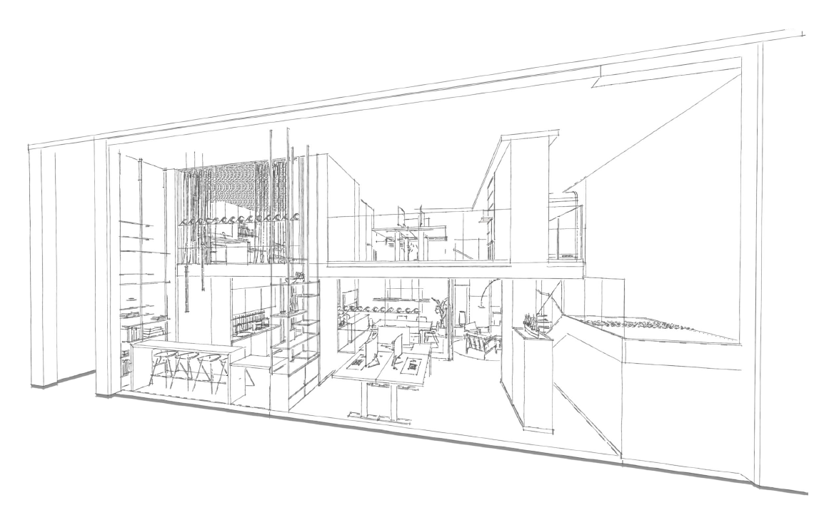 Schema progettuale degli uffici CADELER a Montecarlo realizzato da Monica Stroscia Architetto.