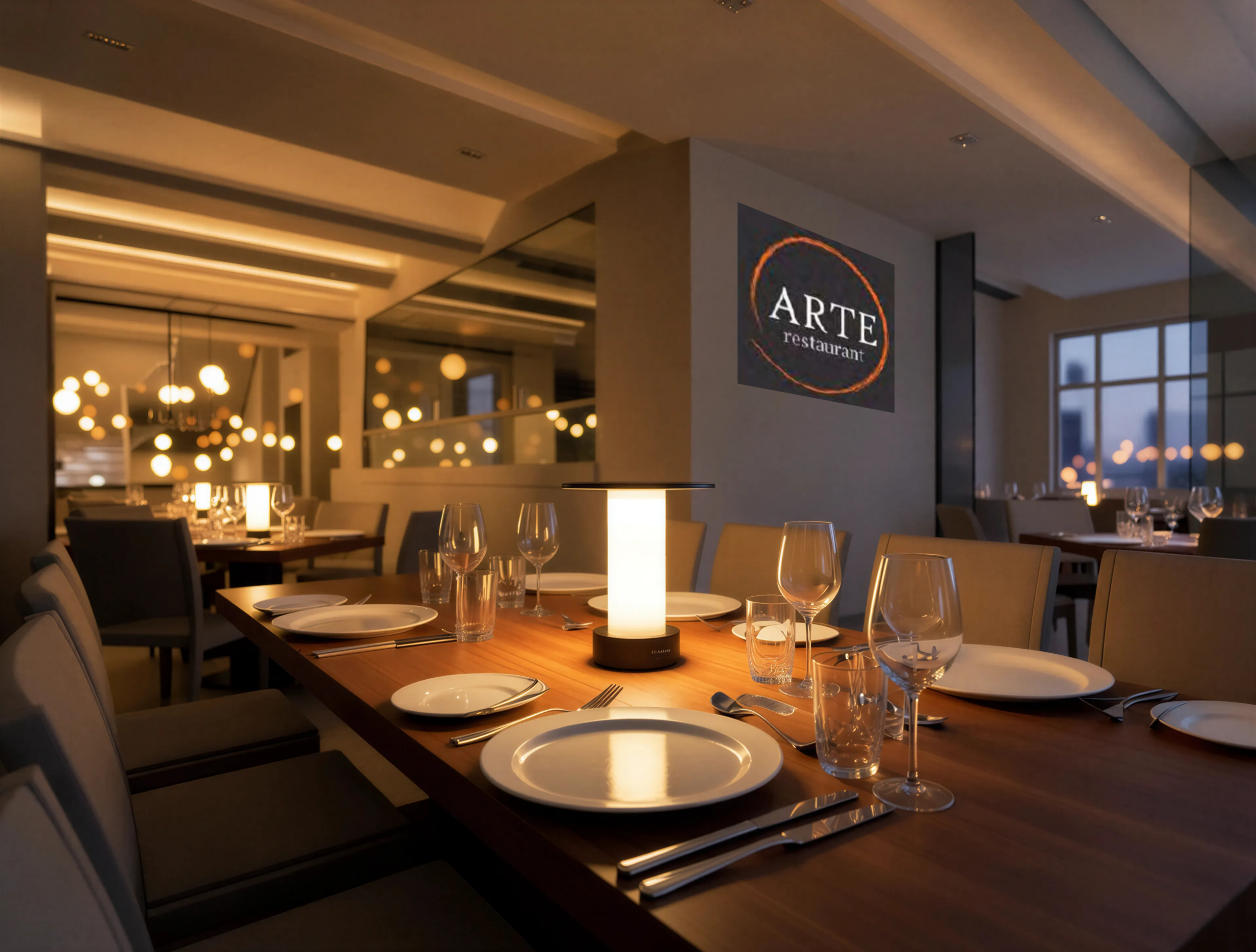 Rendering della sala interna di Arte Restaurant con tavoli in legno e illuminazione calda