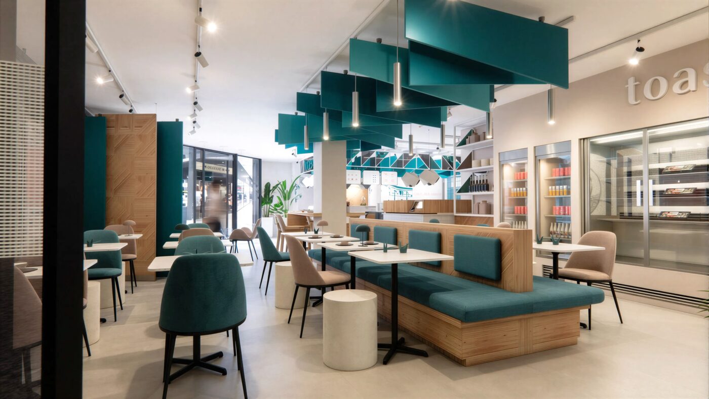 Elemento architettonico sospeso con pannelli geometrici color ottanio nel ristorante TOASUSHI.