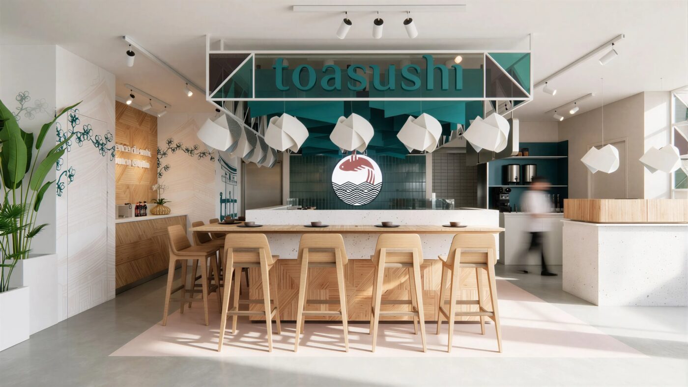 Vista della sala principale del ristorante TOASUSHI con design moderno e dettagli in legno chiaro.