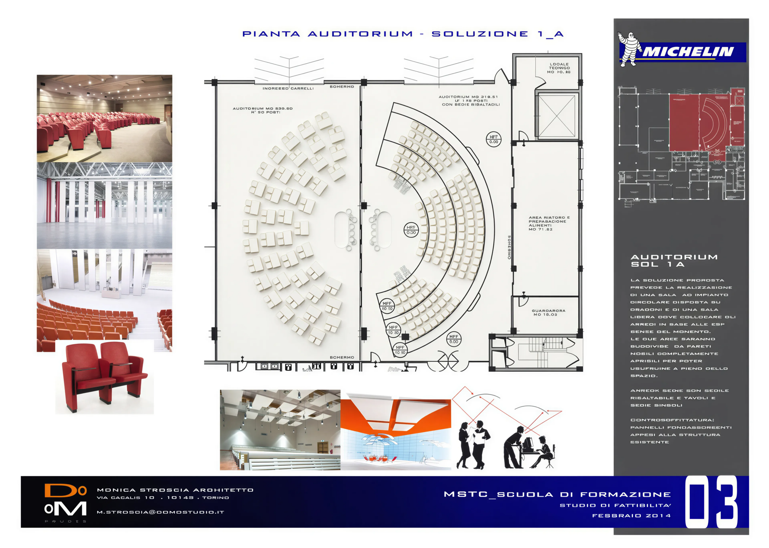 Pianta, prospetti e rendering del bar progettato per il Michelin Sporting Club